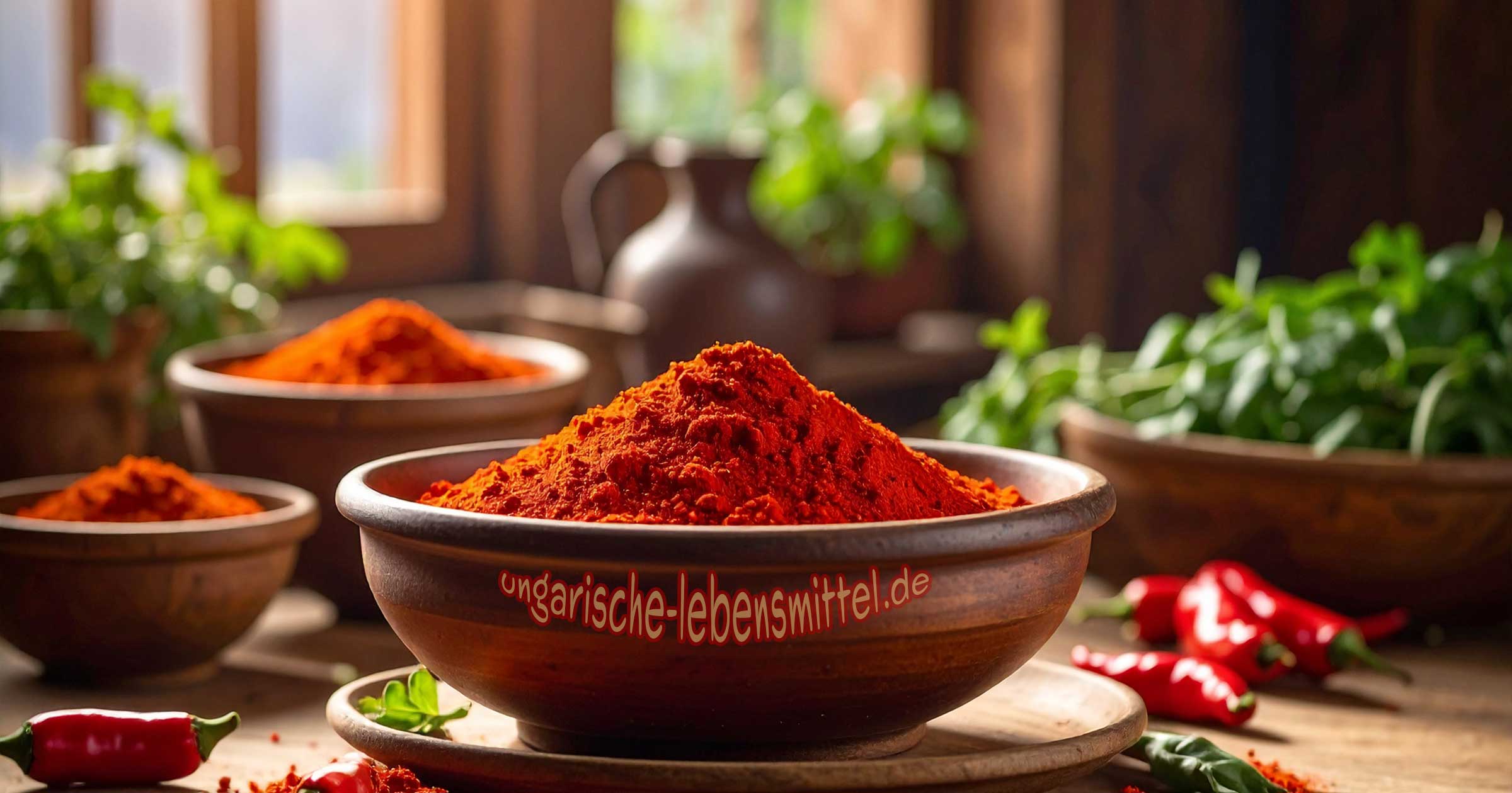 ungarische-lebensmittel-paprikapulver-gewuerze-rezepte Original ungarisches PaprikaPulver In einem roten Säckchen Und in einer Schale in einer rustikalen Küche auf dem Tisch